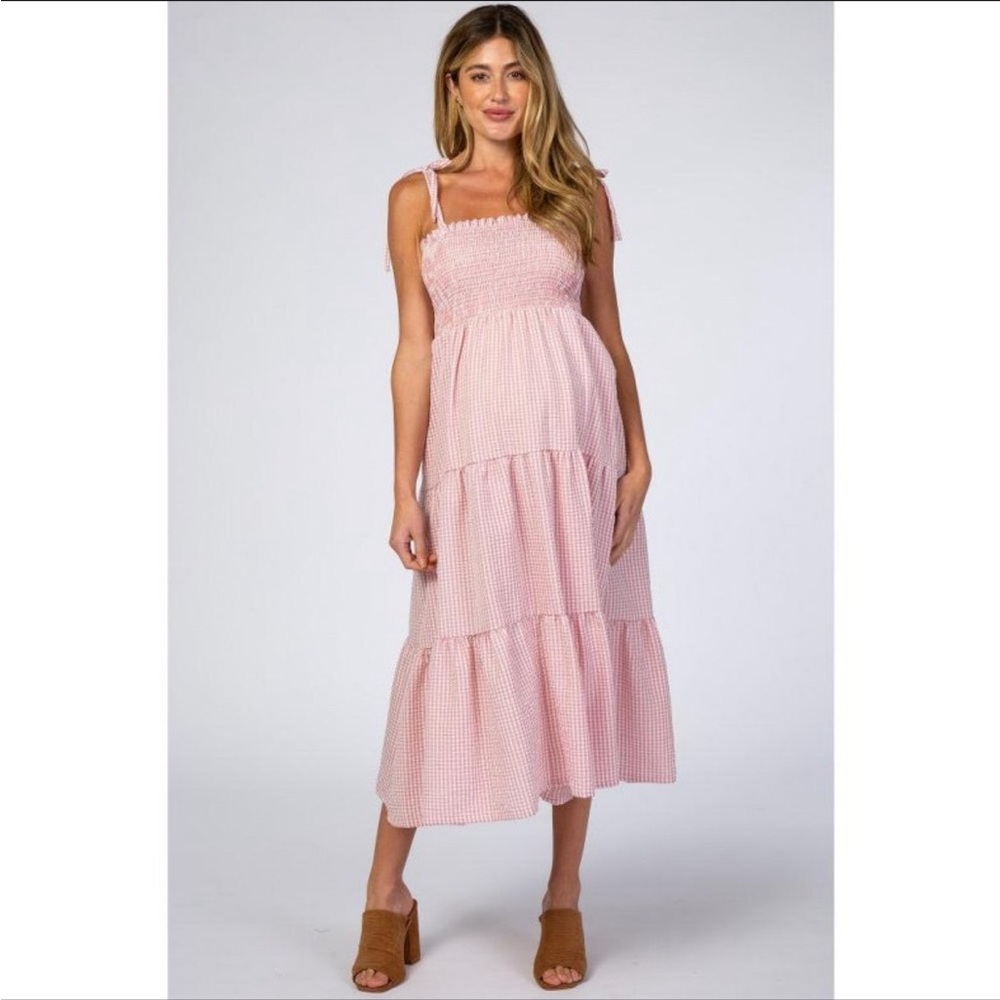 PinkBlush Pink Checkered Tiered Maternity Midi Dress